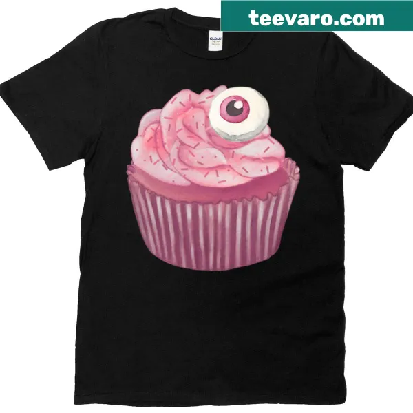 Cute graphic of a pink eyeball cupcake on a T-shirt