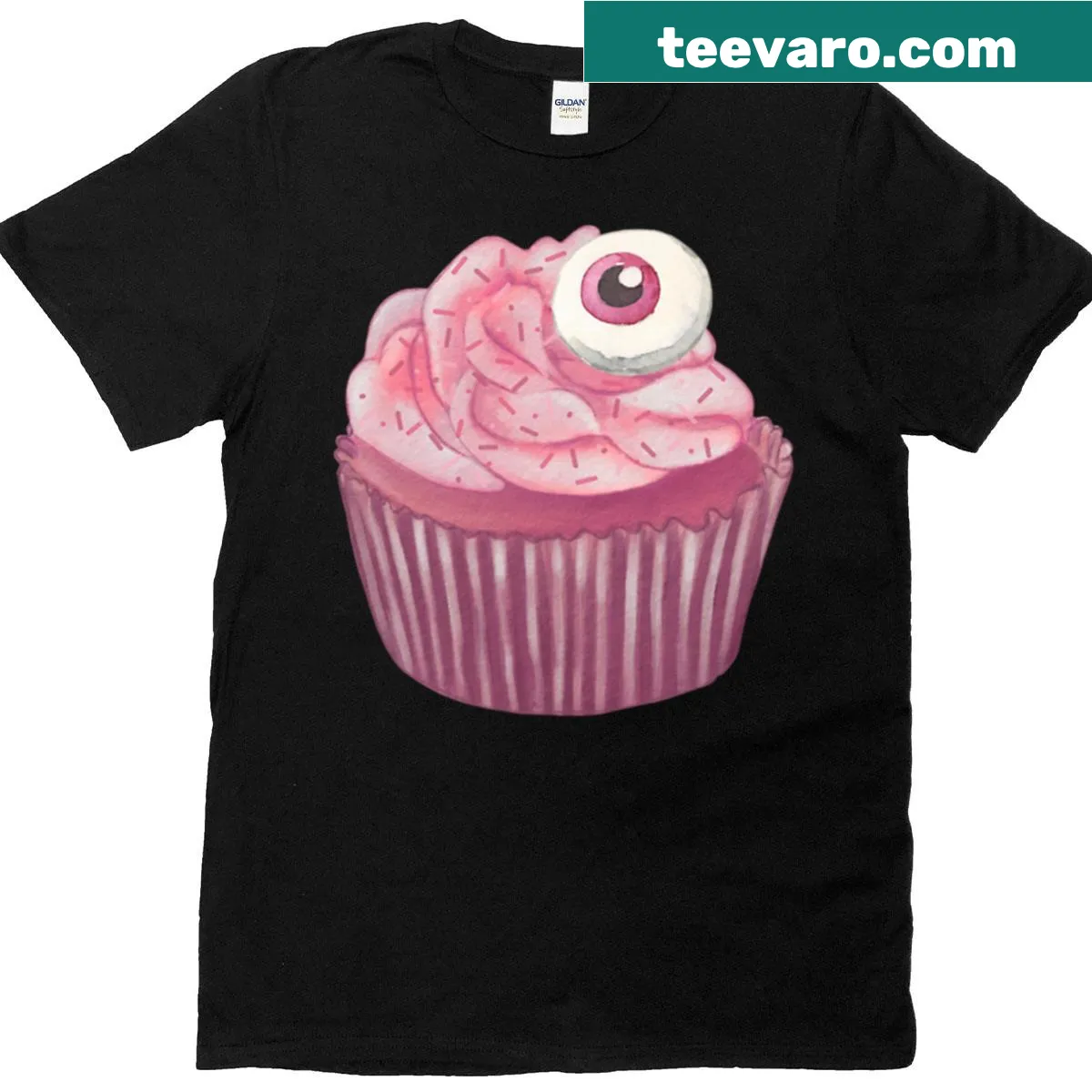 Cute graphic of a pink eyeball cupcake on a T-shirt — on a men's t-shirt