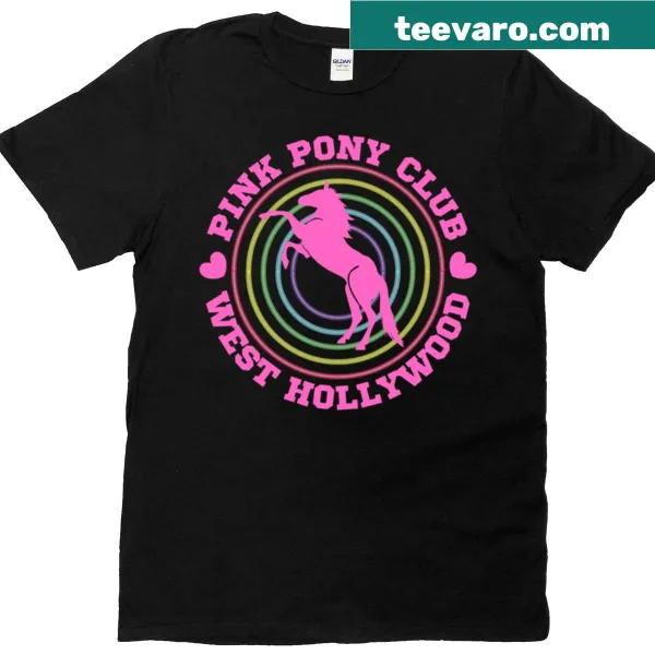 Whimsical Pink Pony Club graphic on a music-themed t-shirt