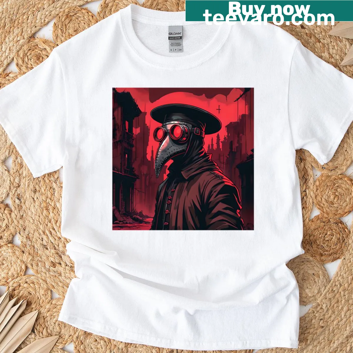 Plague doctor illustration in a cityscape on a black T-shirt — on a men's t-shirt