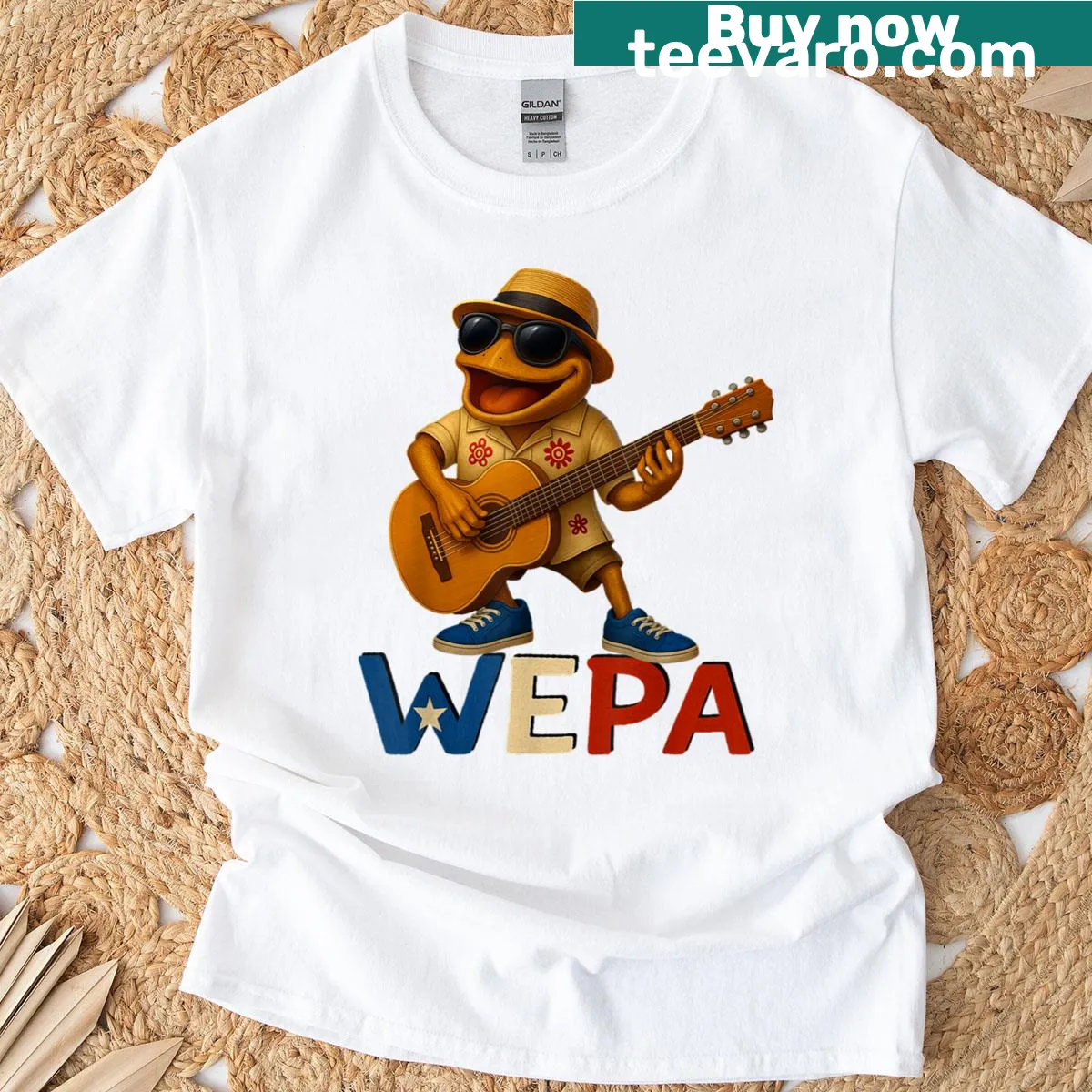 Coqui frog playing guitar on a Puerto Rico themed T-shirt — on a men's t-shirt