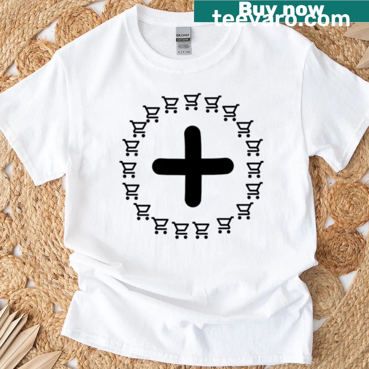 T-shirt featuring a shopping cart and black plus sign design — on a men's t-shirt