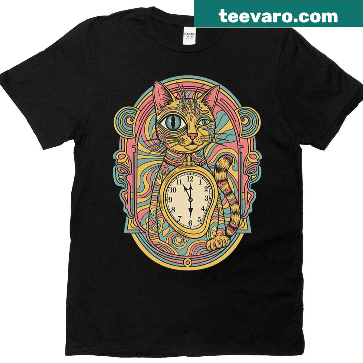 Illustrated dream cat design on Psychedelic T-shirt — on a men's t-shirt