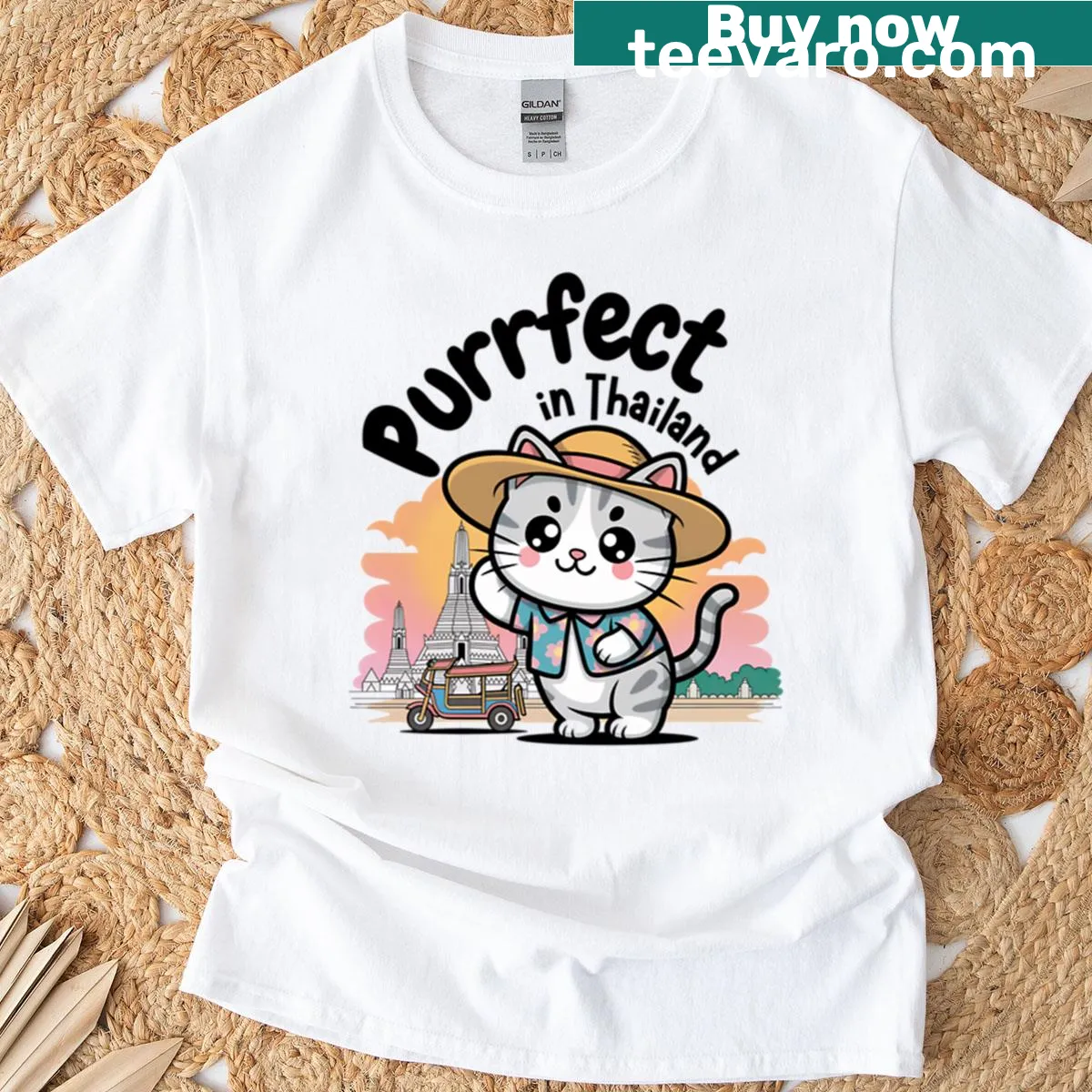 Kawaii chibi cat at Wat Arun, cute Thailand travel t-shirt — on a men's t-shirt