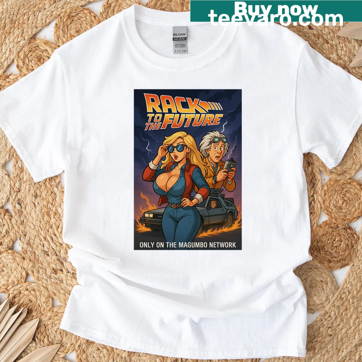 Humorous 'Rack To The Future' typography t-shirt — on a men's t-shirt