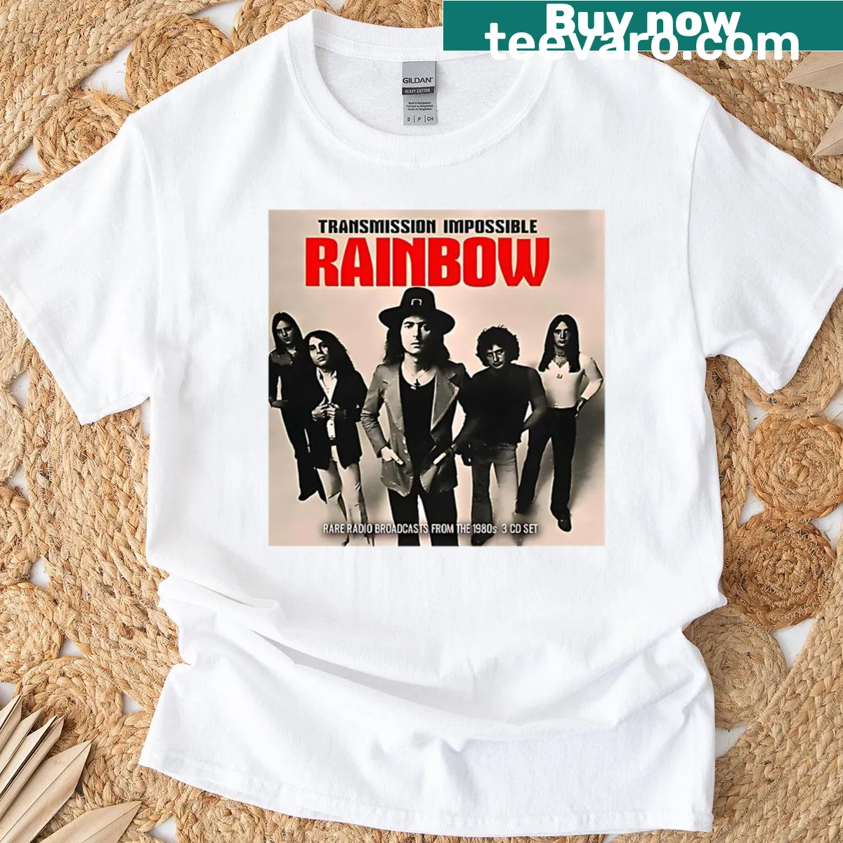Retro design of Rainbow Album Transmission Impossible T-shirt — on a men's t-shirt