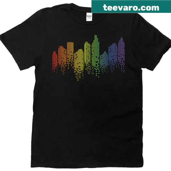 Illustration of rainbow-colored buildings on a t-shirt