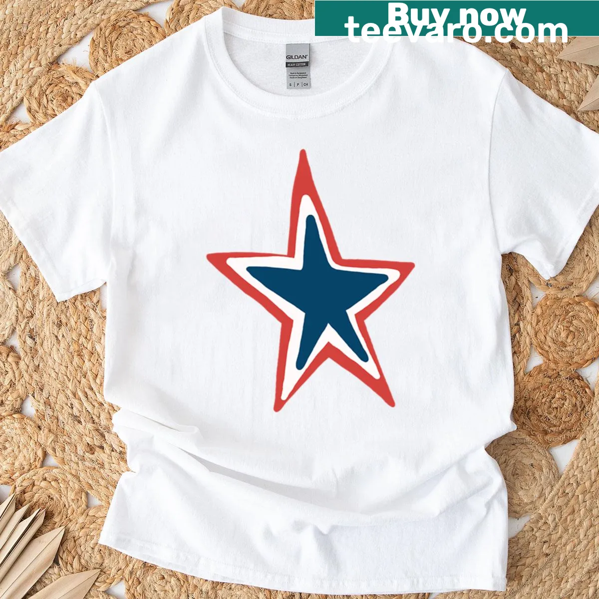 Patriotic red, white, and blue star graphic t-shirt — on a men's t-shirt