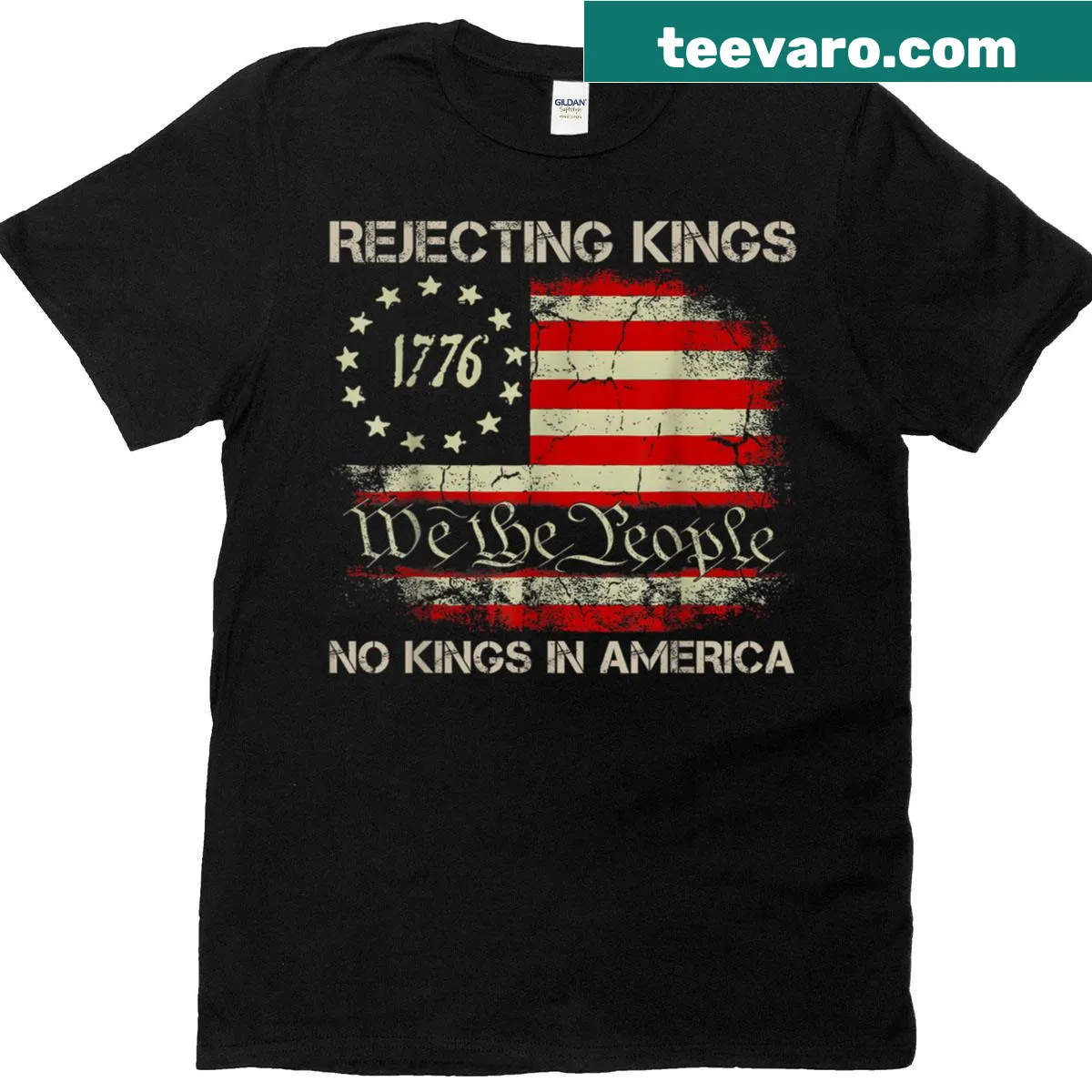 T-shirt featuring 'Rejecting Kings Since 1776' with an American flag graphic — on a men's t-shirt