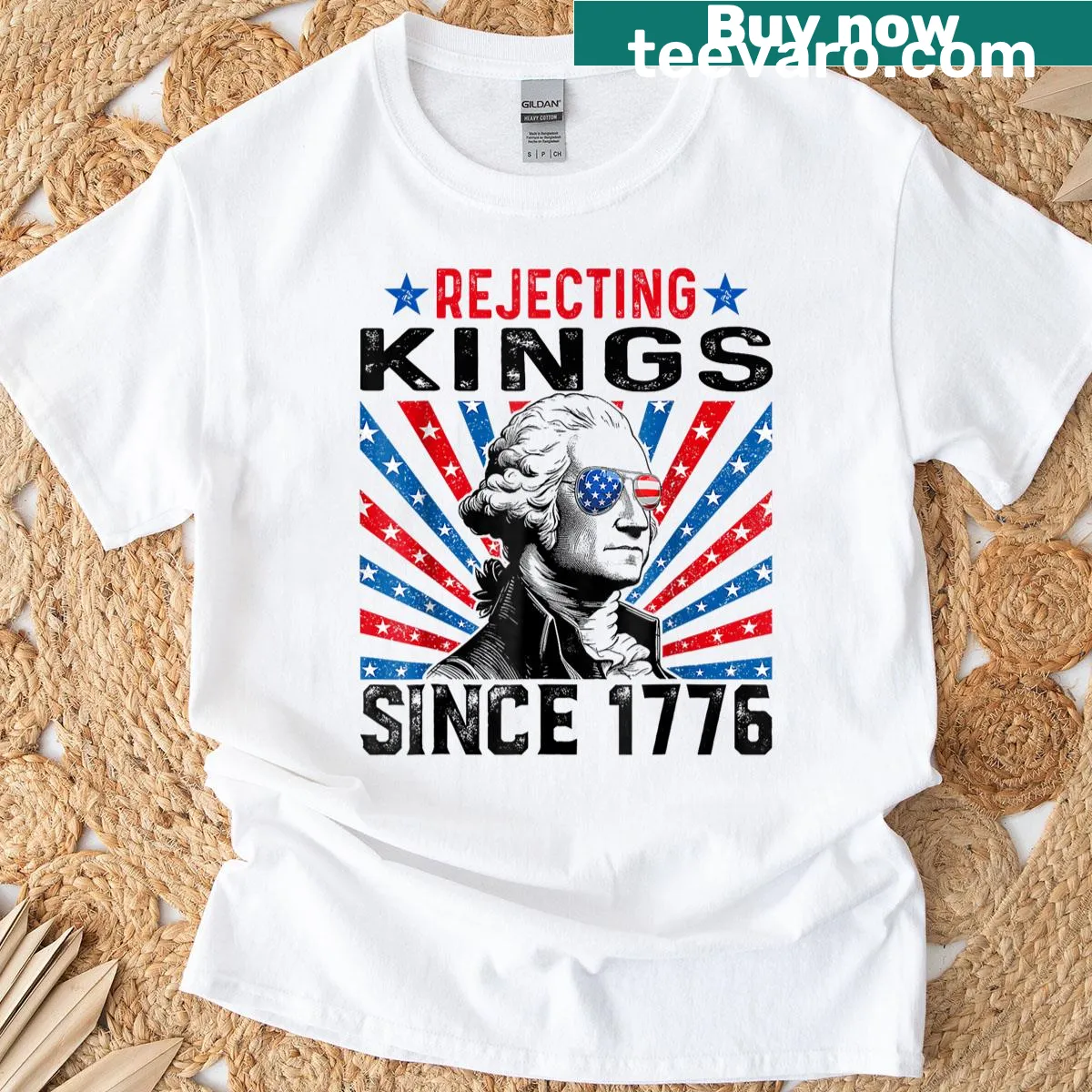 Distressed USA flag design with Rejecting Kings Since 1776 text — on a men's t-shirt