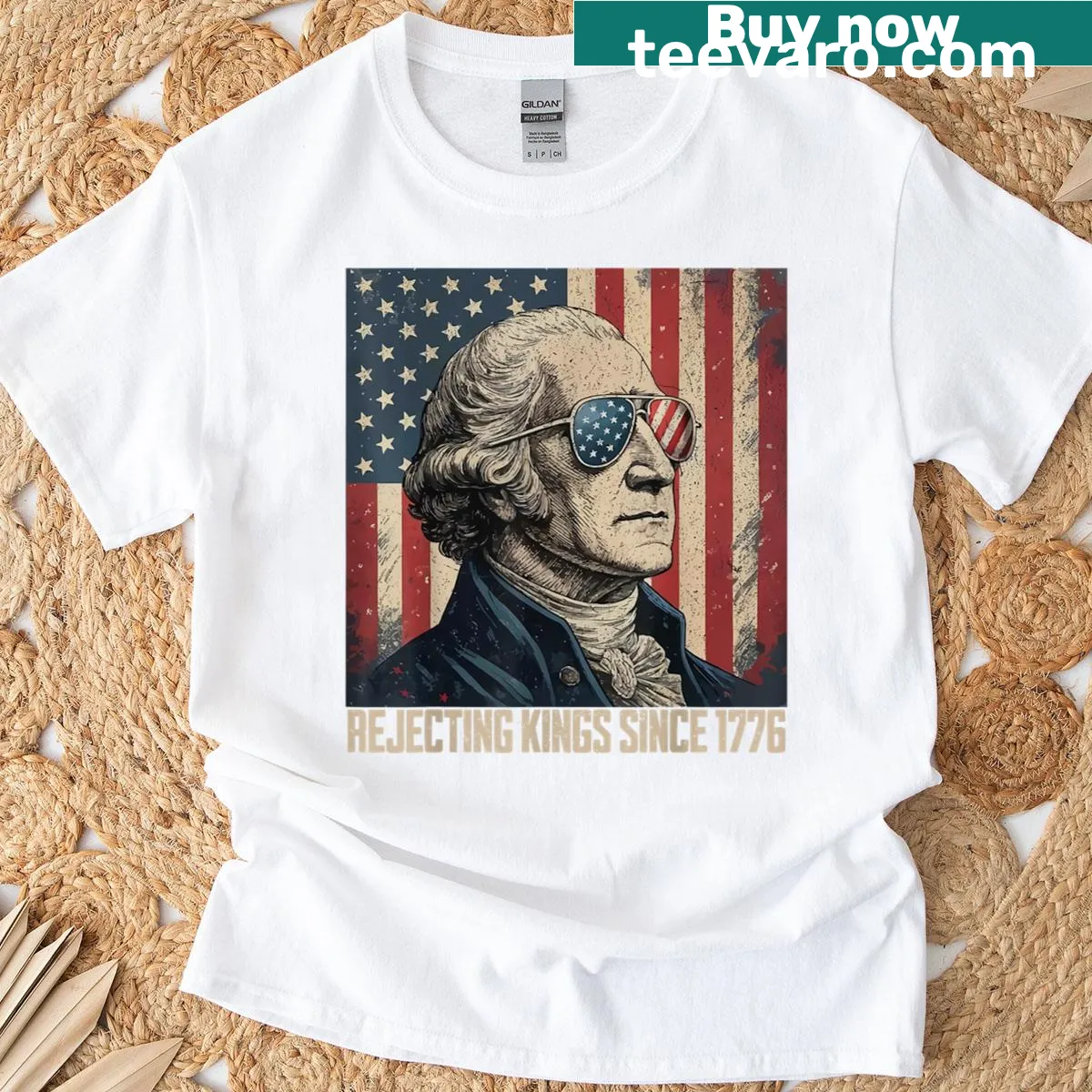 Vintage USA flag design with Rejecting Kings Since 1776 text — on a men's t-shirt