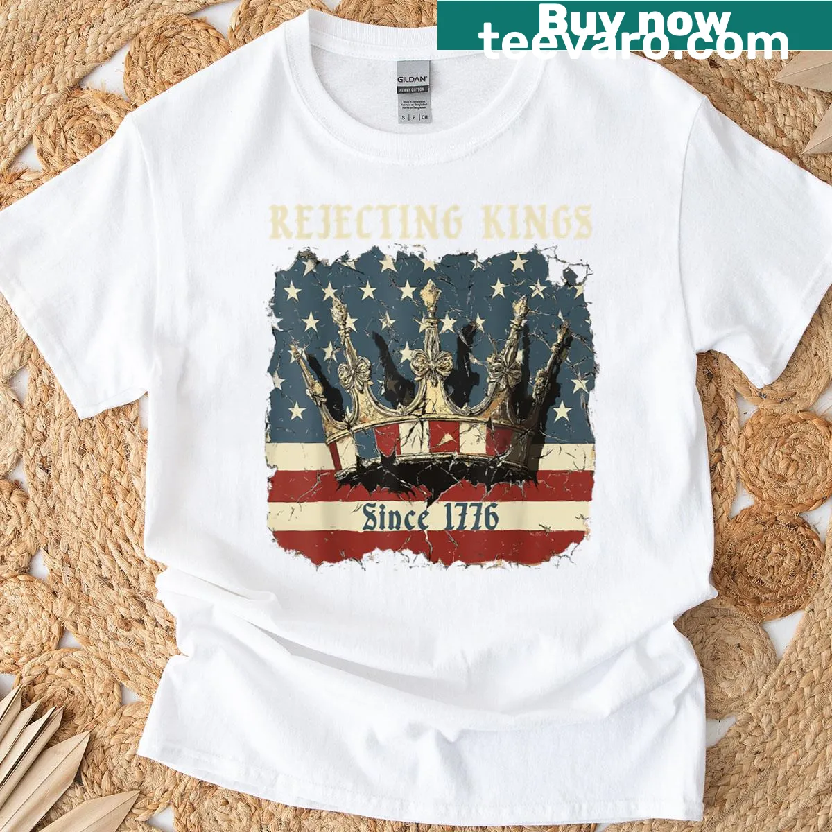 Vintage USA flag t-shirt with 'Rejecting Kings Since 1776' text — on a men's t-shirt