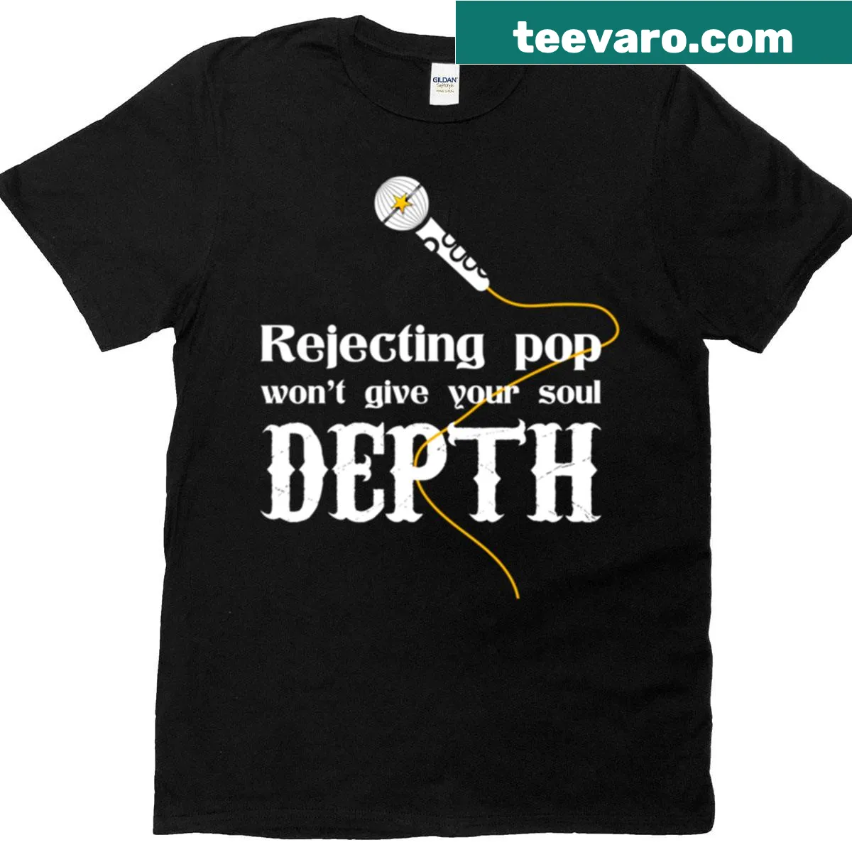 T-shirt with the slogan 'Rejecting Pop Won't Give Your Soul Depth' in bold letters — on a men's t-shirt