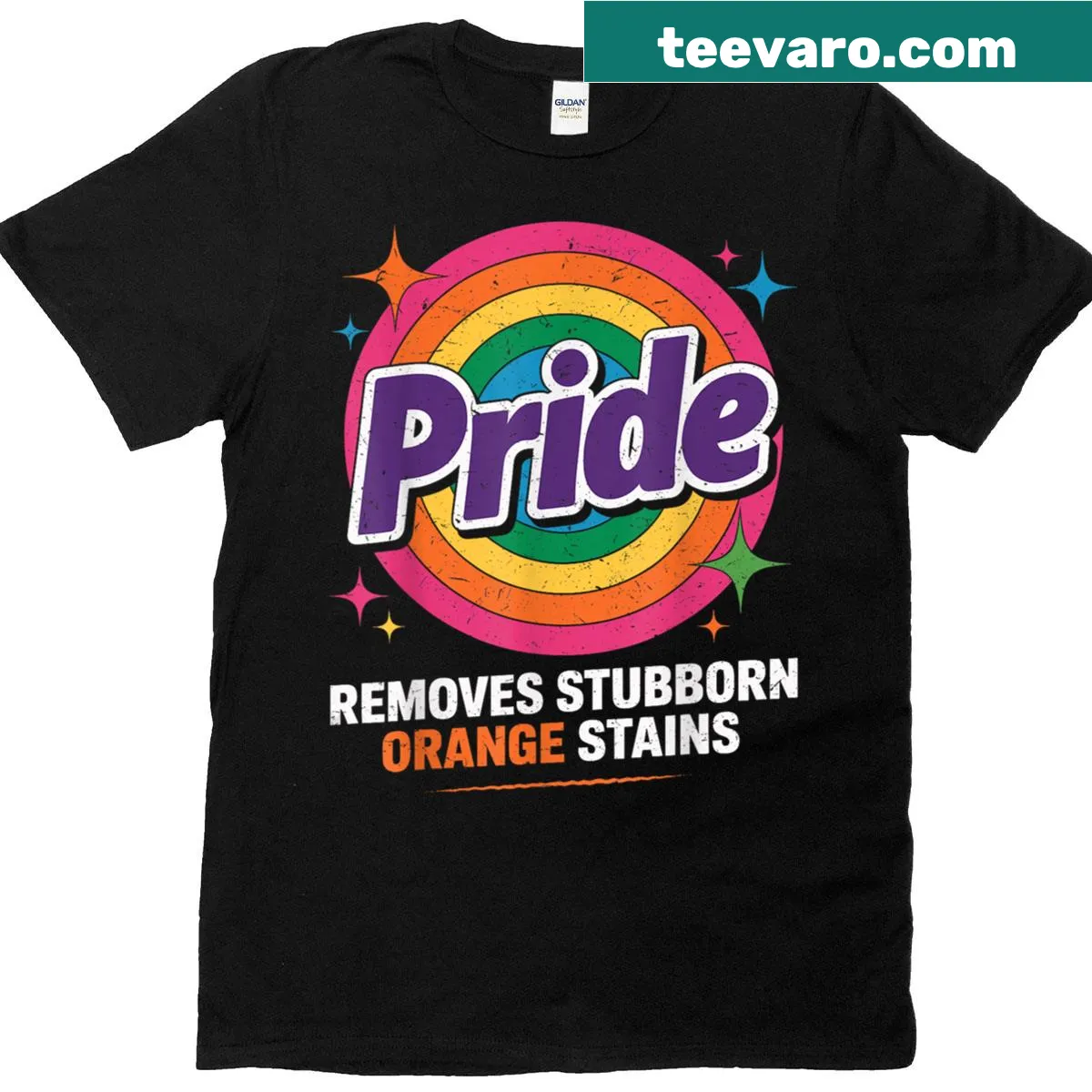 LGBTQ+ pride t-shirt with an orange stains metaphor — on a men's t-shirt
