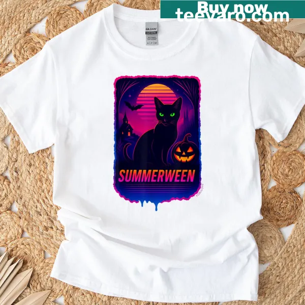 Cute retro black cat design in a synthwave style