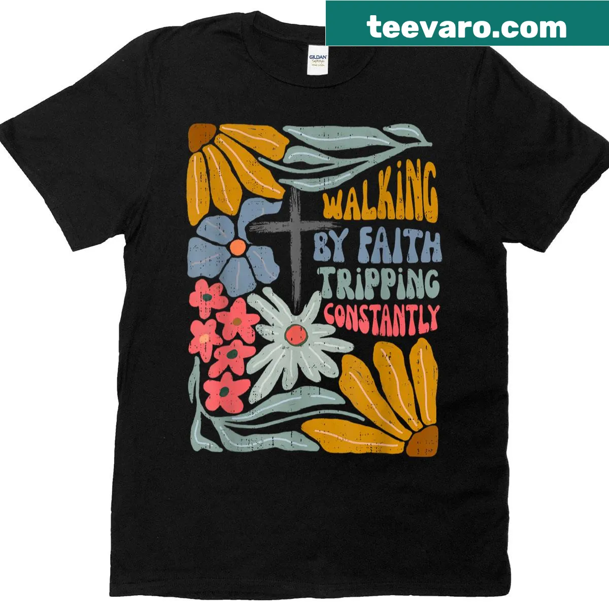 Bohemian style T-shirt with the phrase 'Walking By Faith' in a retro design — on a men's t-shirt