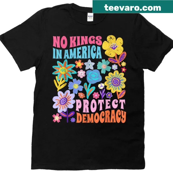 Floral vintage T-shirt with 'No King In American Democracy' text