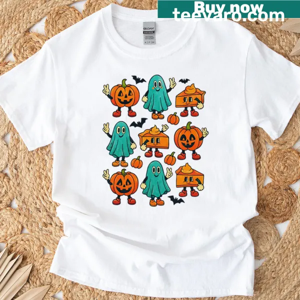 Retro Halloween cartoon characters including pumpkin and ghost on t-shirt