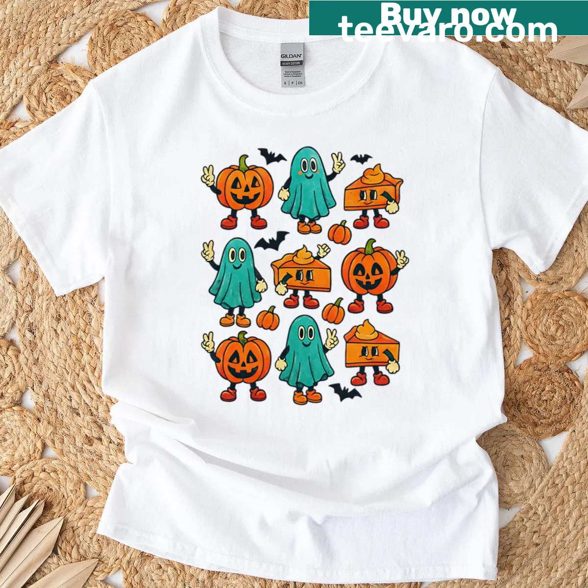 Retro Halloween cartoon characters including pumpkin and ghost on t-shirt — on a men's t-shirt