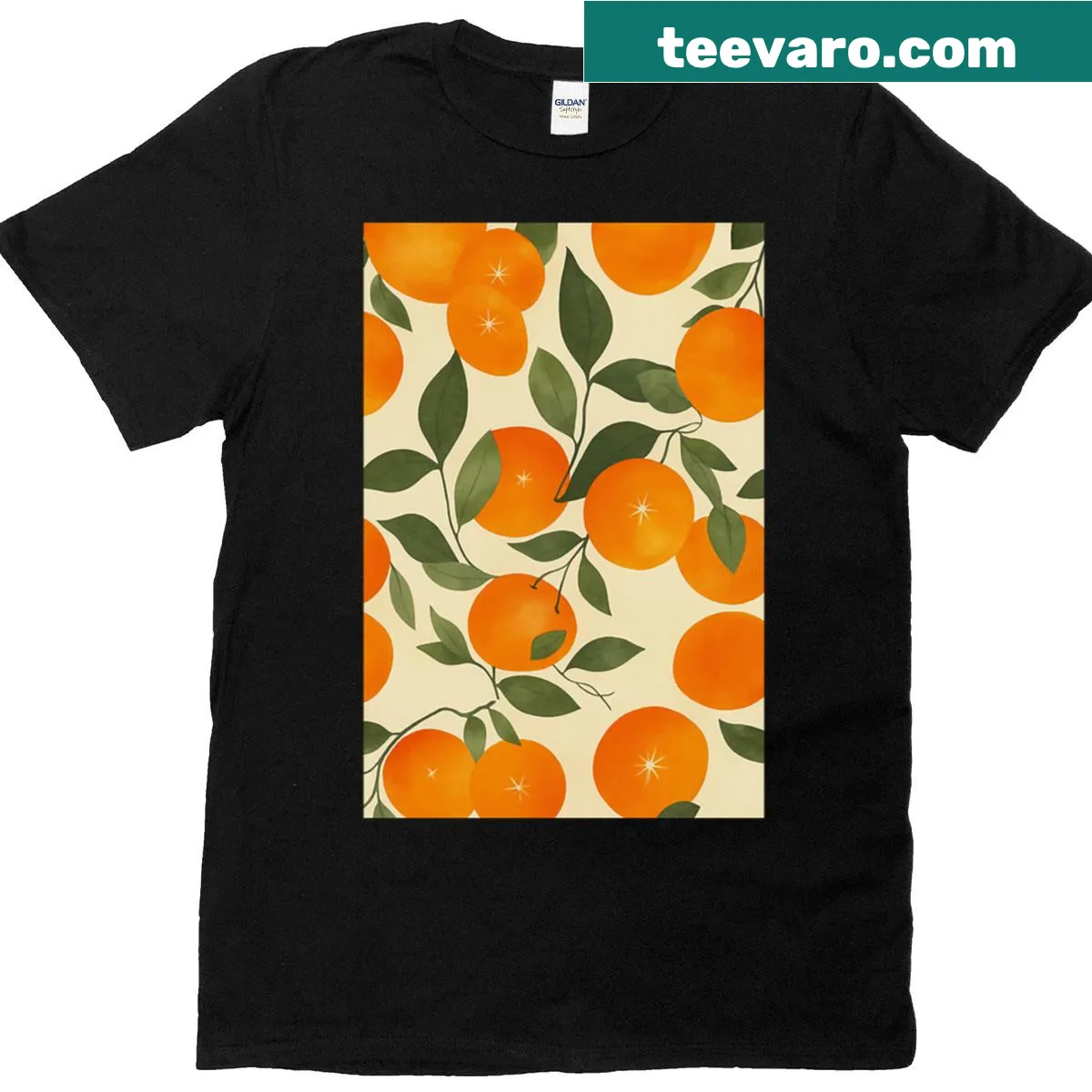 Playful T-shirt featuring an illustrated pattern of citrus fruits — on a men's t-shirt