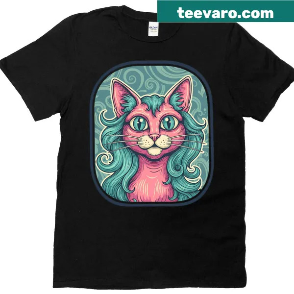 Retro T-shirt featuring a whimsical psychedelic cat design
