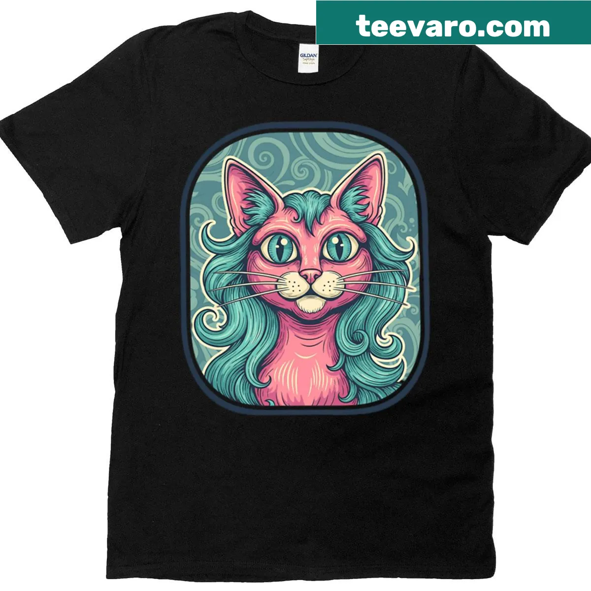 Retro T-shirt featuring a whimsical psychedelic cat design — on a men's t-shirt