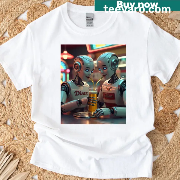 Vintage-style T-shirt featuring a retro robot couple in love