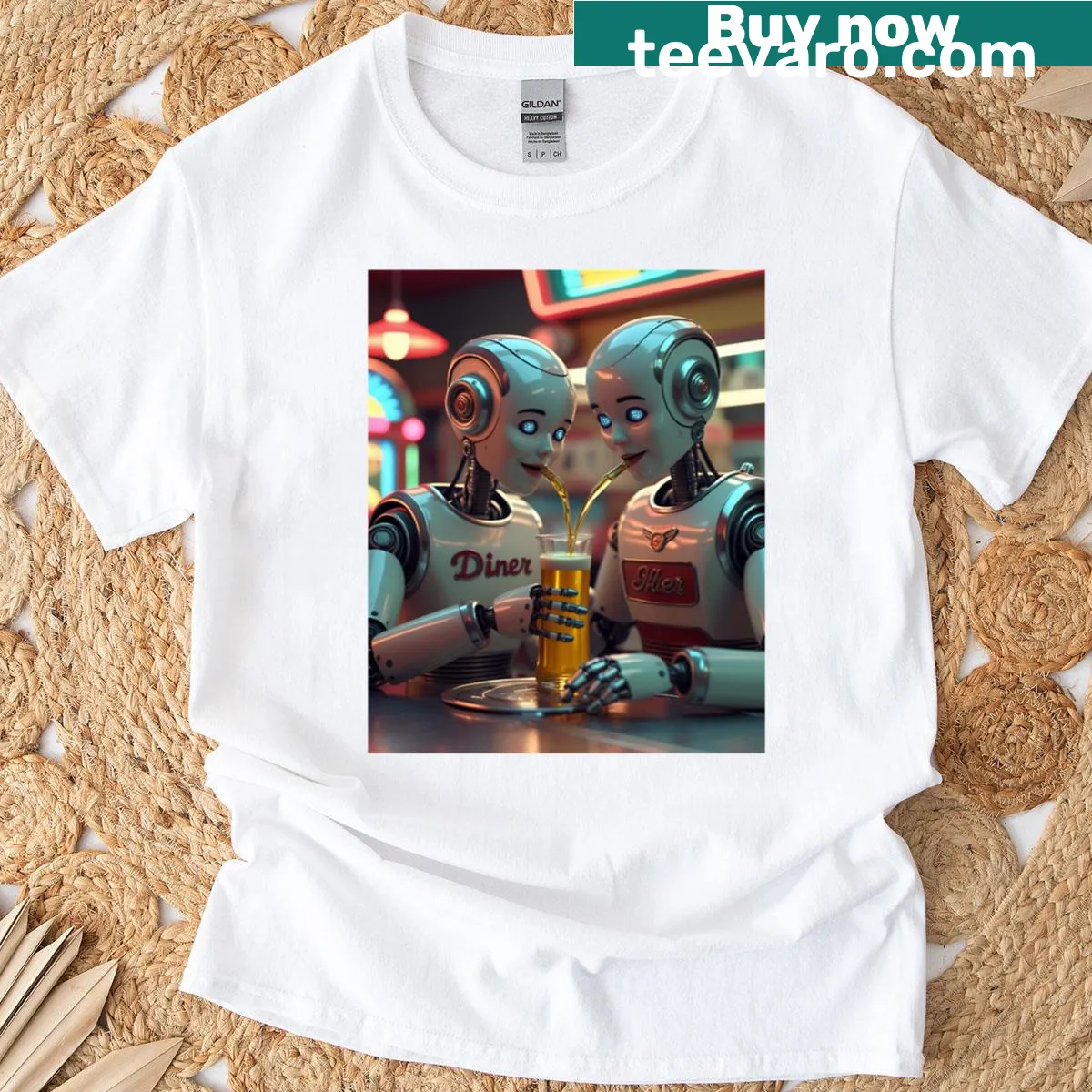 Vintage-style T-shirt featuring a retro robot couple in love — on a men's t-shirt