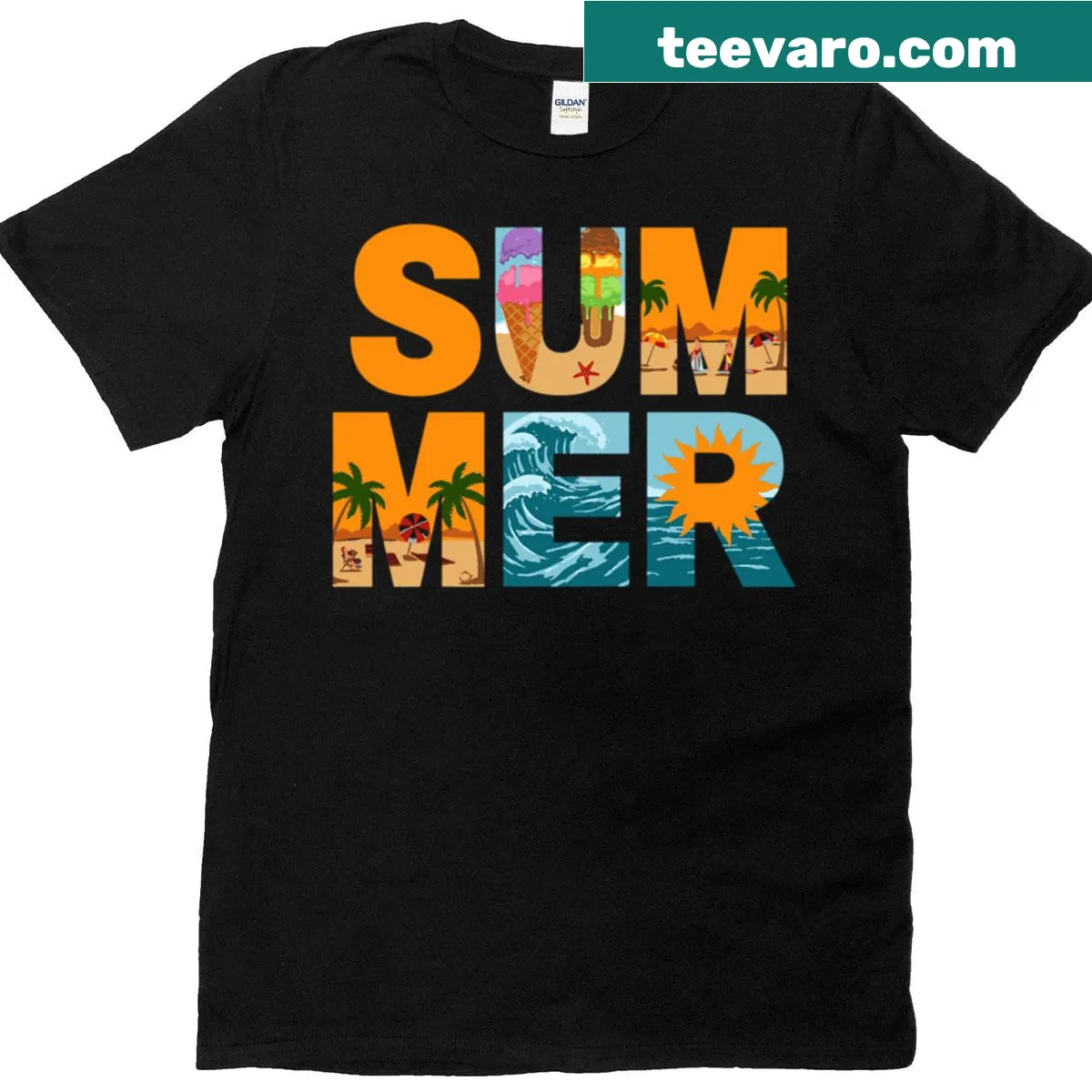 T-shirt with retro summer beach themed typography design — on a men's t-shirt