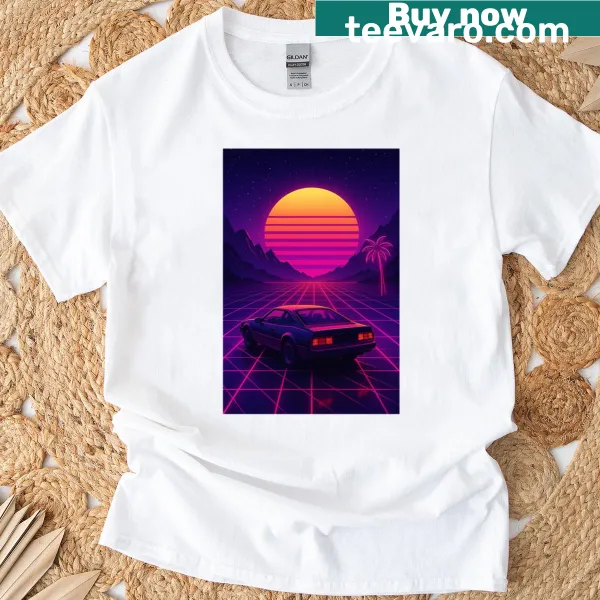 Synthwave car with neon sunset and palm trees printed T-shirt