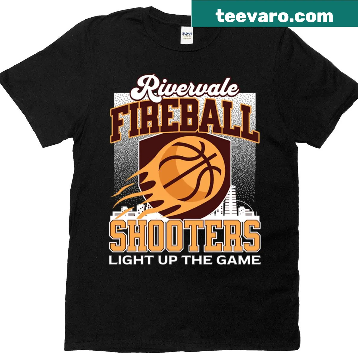 Illustration t-shirt with basketball theme and 'Rivervale Fireball Shooters' — on a men's t-shirt