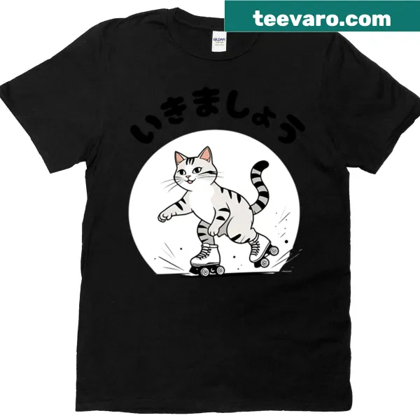Playful illustration of a roller skating cat t-shirt design