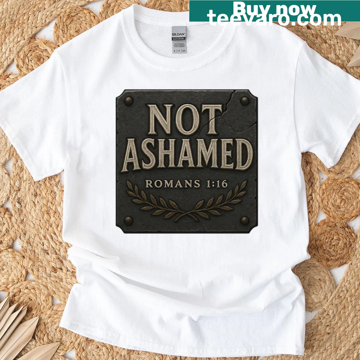 Faith t-shirt featuring Romans 1:16 message — on a men's t-shirt