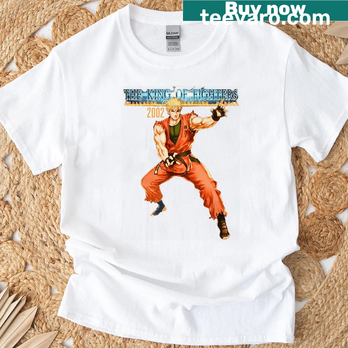 Graphic of Ryo Sakazaki on Invincible Dragon T-shirt, celebrating martial arts. — on a men's t-shirt