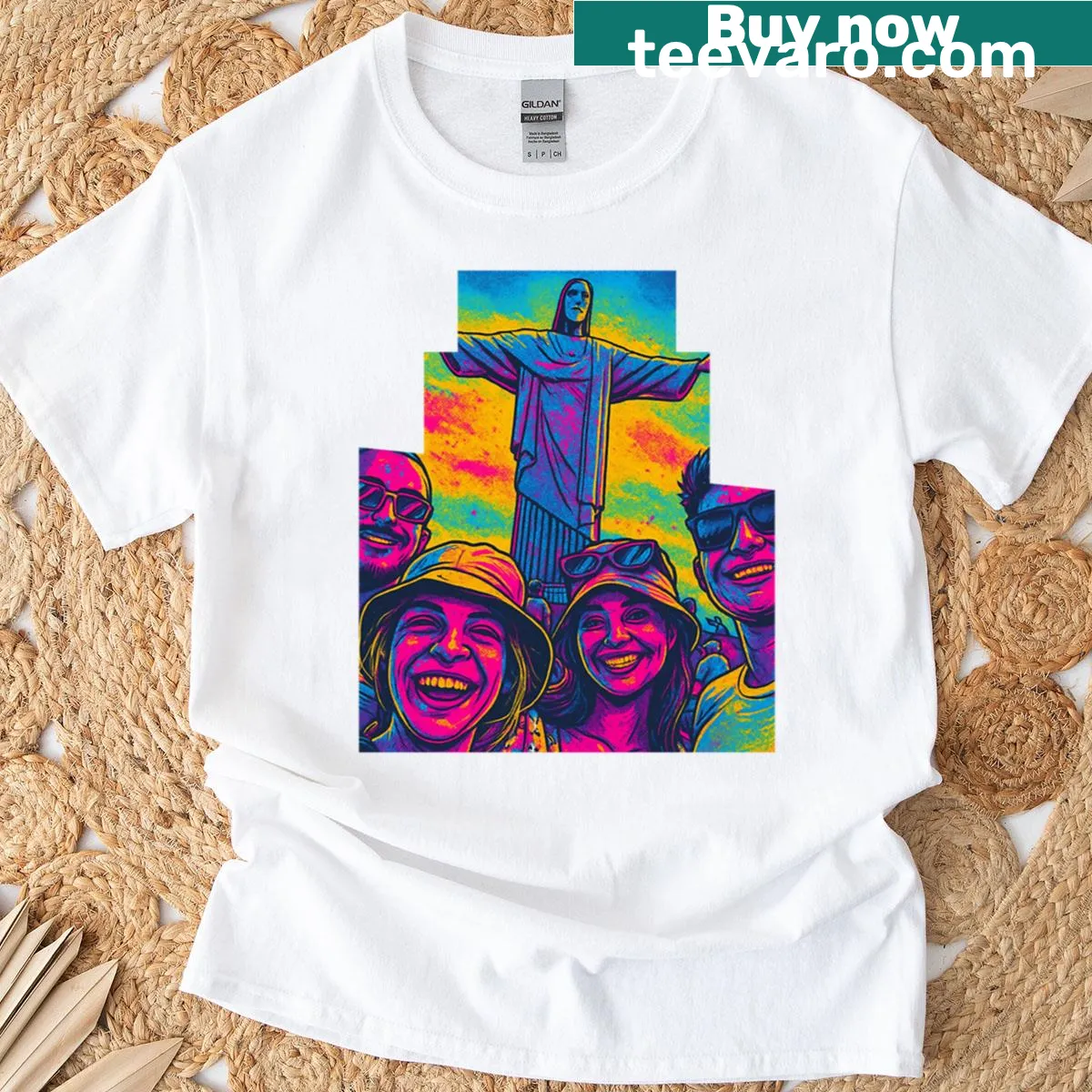 Illustrative 'Selfie In Rio' travel t-shirt — on a men's t-shirt
