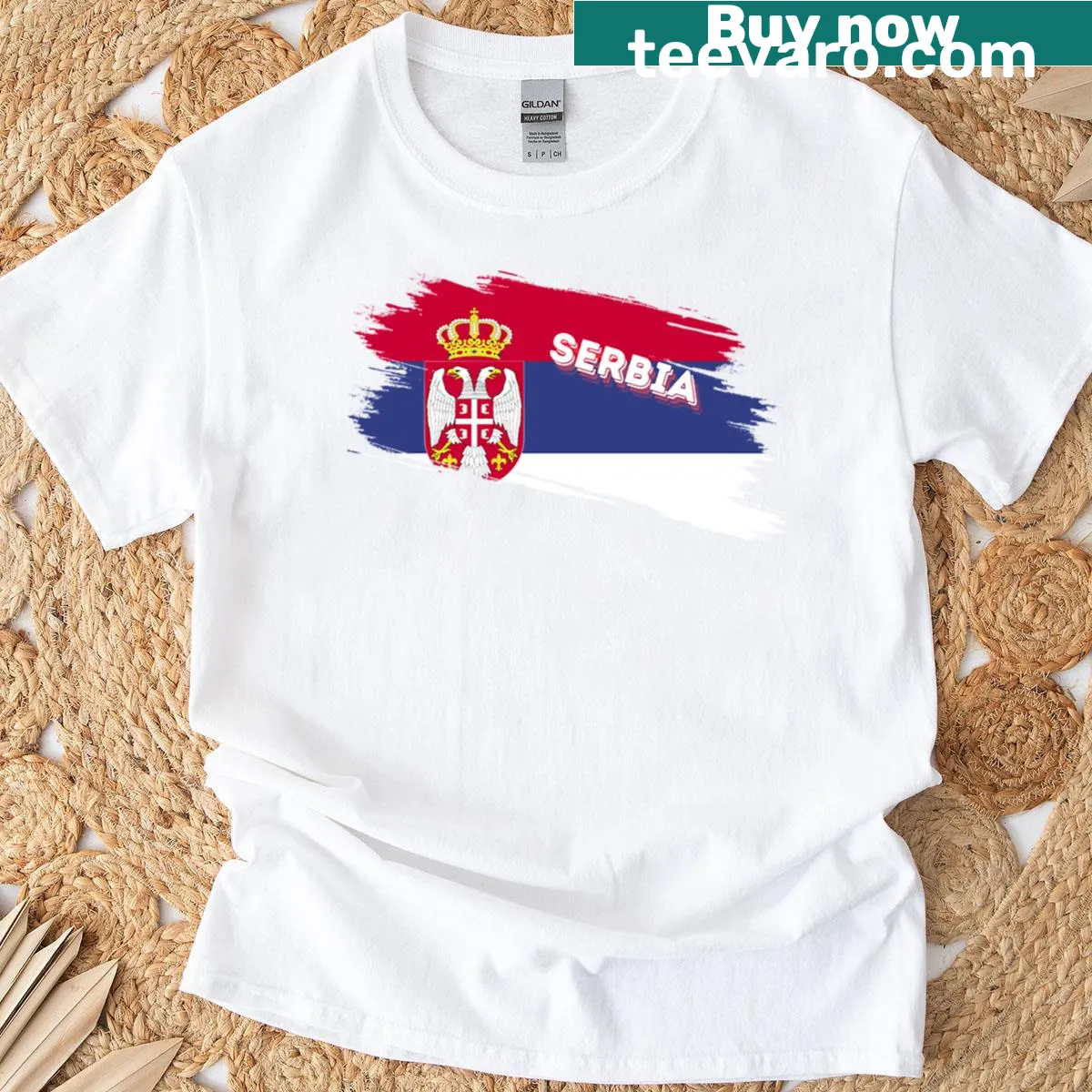 Serbian flag emblem on T-shirt for fans, showcasing national pride. — on a men's t-shirt