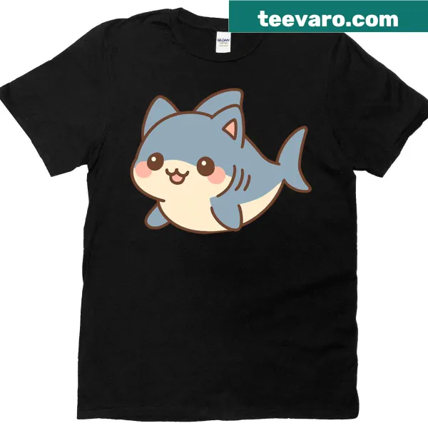 Cartoon graphic of a creature combining shark and cat on T-shirt