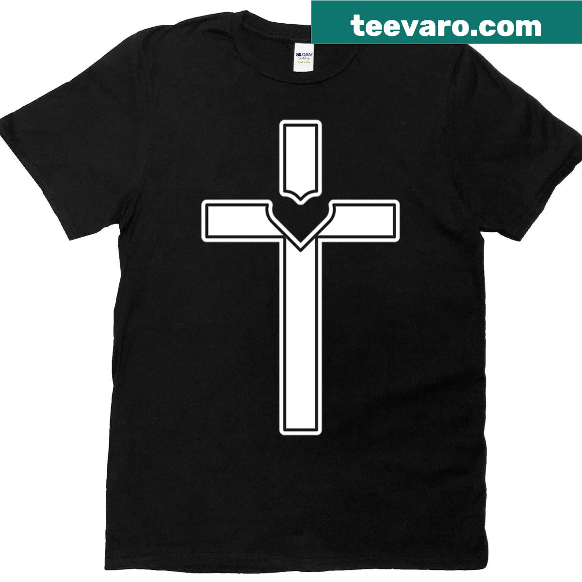 Minimalist t-shirt with cross and heart design — on a men's t-shirt