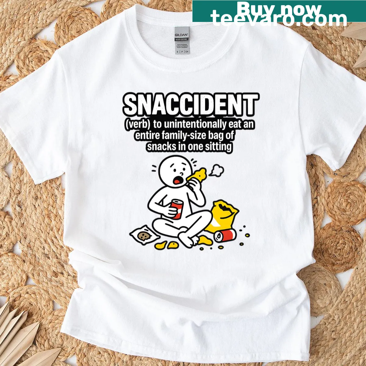 Funny t-shirt with typography saying 'Snaccident' — on a men's t-shirt