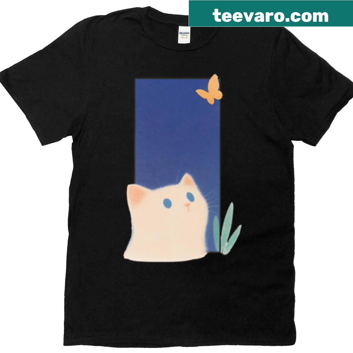 Dreamy cat gazing at a butterfly in soft pastel illustration — on a men's t-shirt