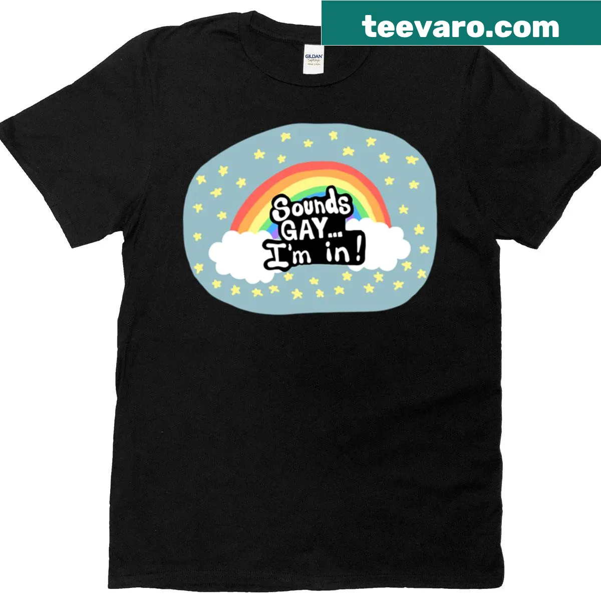 T-shirt with fun phrase 'Sounds Gay Im In' in sticker pattern design — on a men's t-shirt
