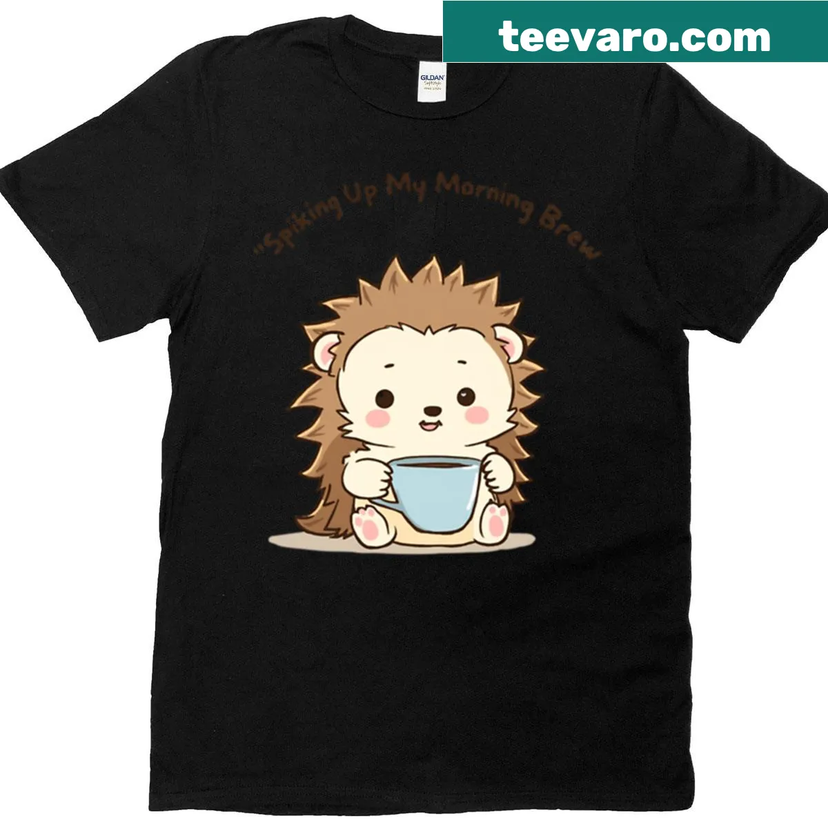 Cute hedgehog with coffee cups graphic on a T-shirt — on a men's t-shirt