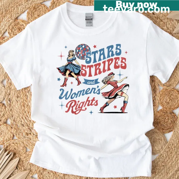 Patriotic design featuring stars, stripes, and a message for women's rights