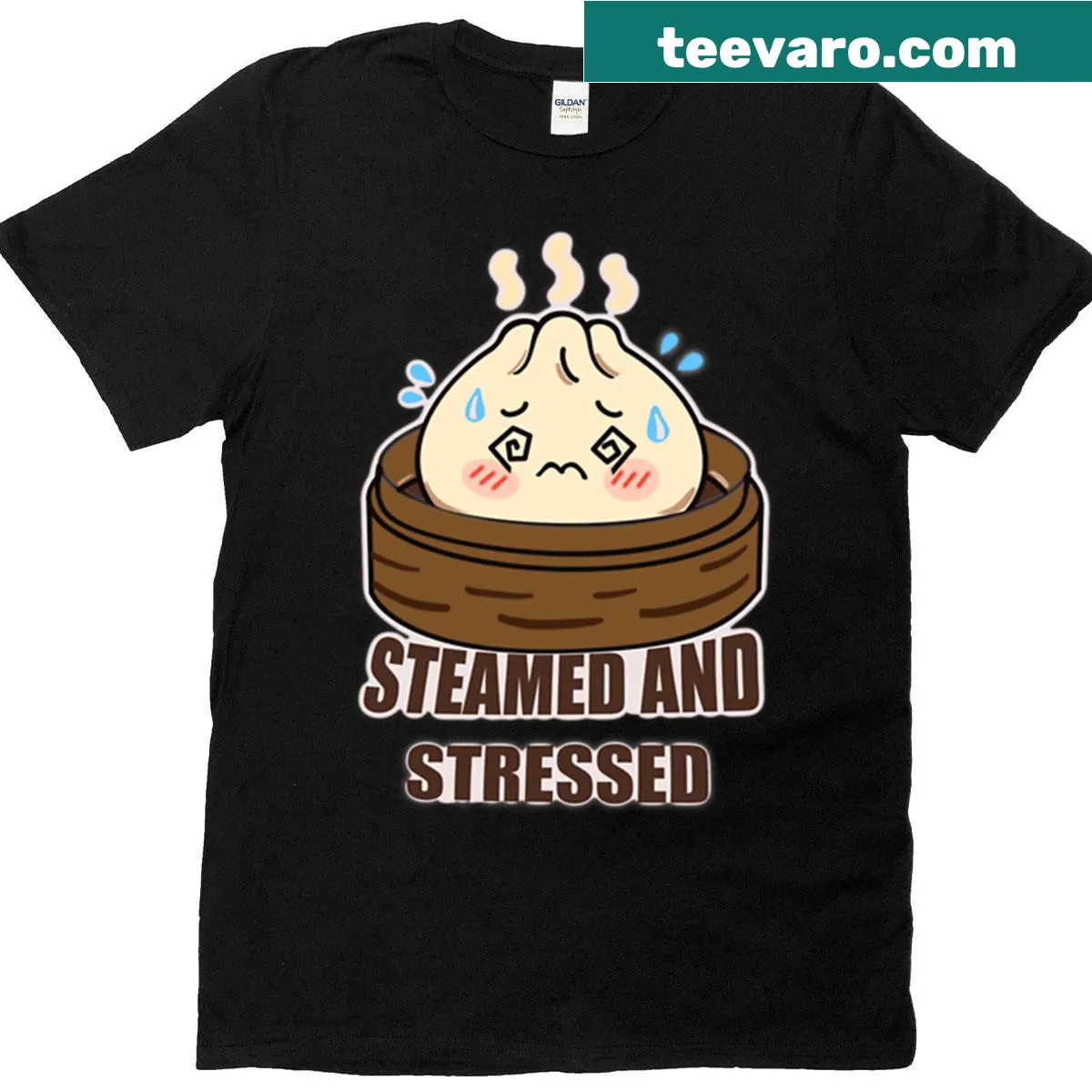 Kawaii dumpling graphic T-shirt expressing panic. — on a men's t-shirt