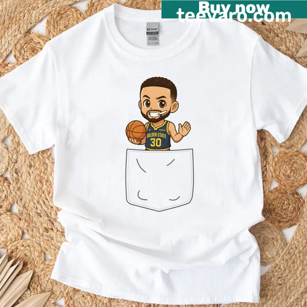 Chibi-style Stephen Curry graphic on a pocket t-shirt