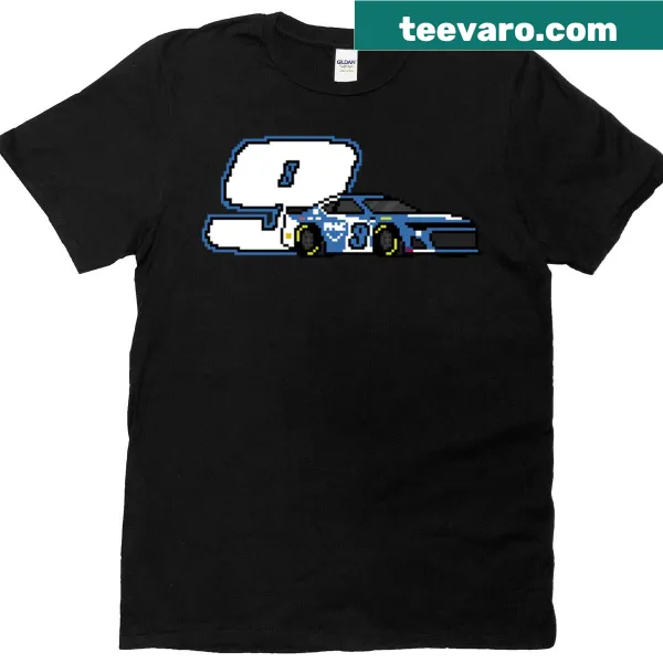 Illustrative racing car graphic with the number 9 on a T-shirt