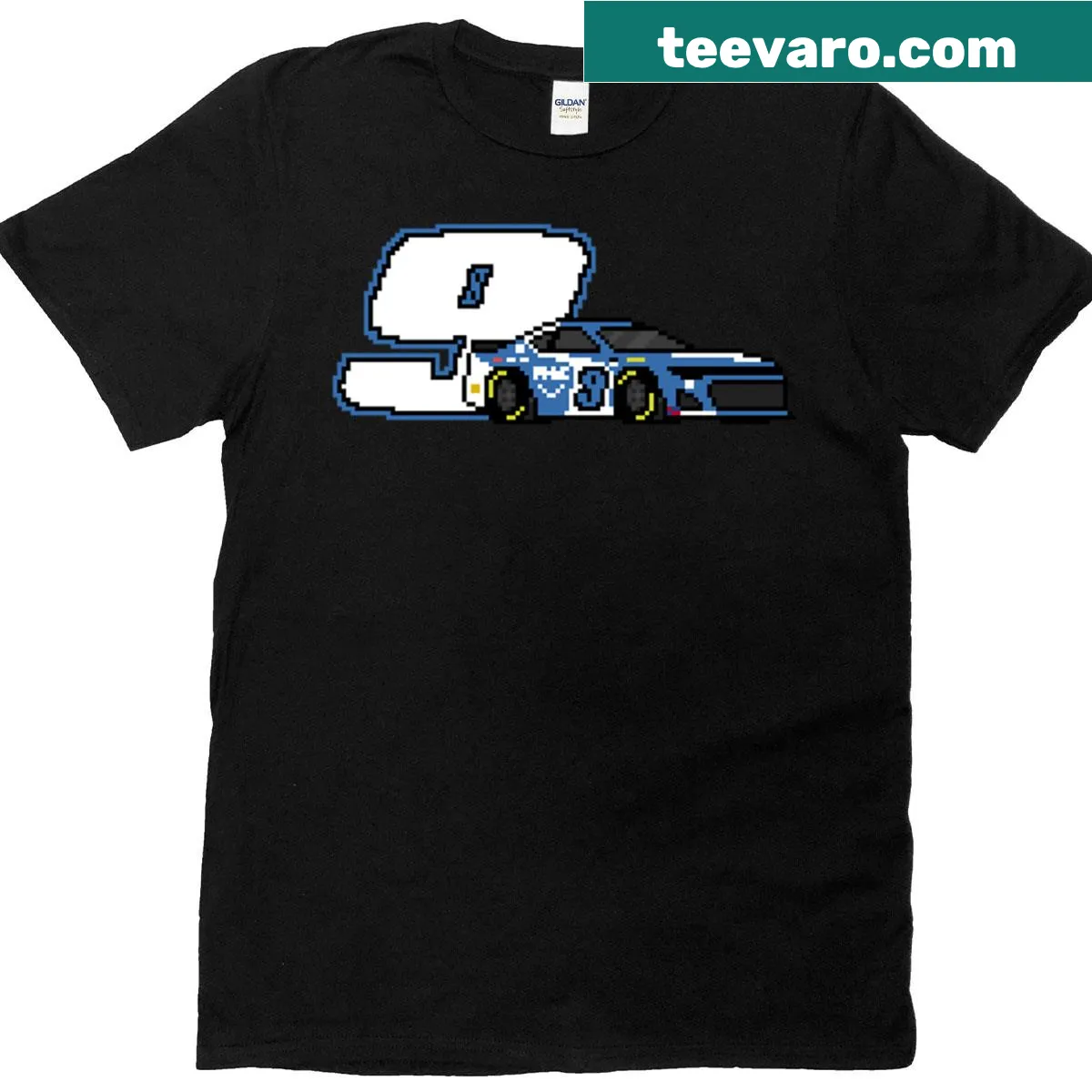 Illustrative racing car graphic with the number 9 on a T-shirt — on a men's t-shirt