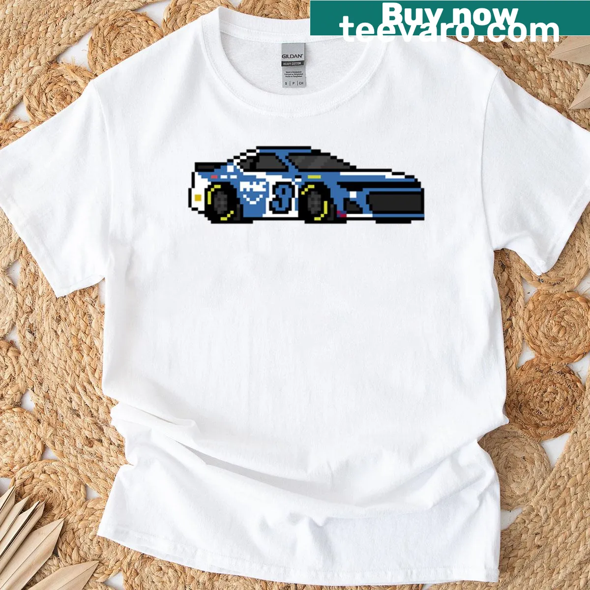 Racing car graphic T-shirt featuring number 9. — on a men's t-shirt