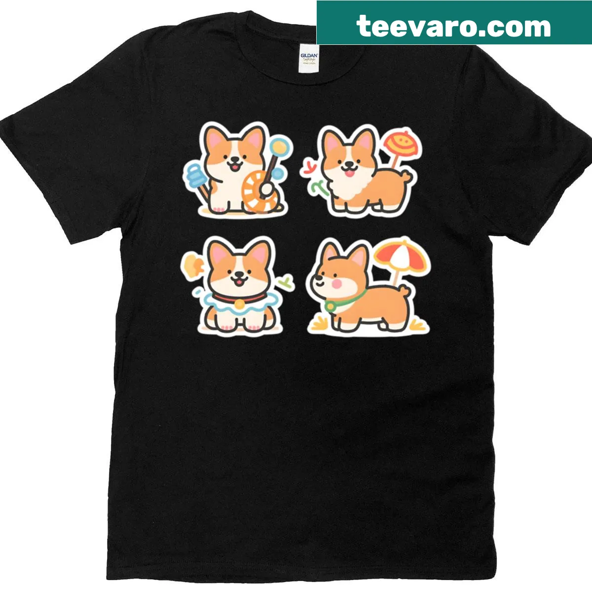 Cartoon corgis in summer activities on a T-shirt — on a men's t-shirt