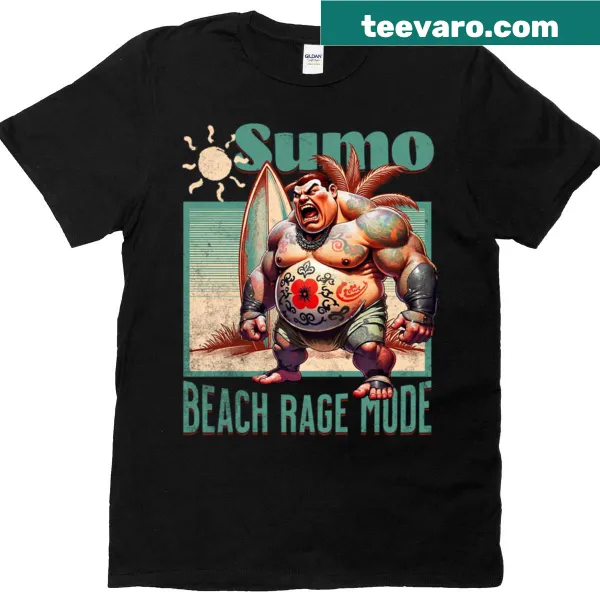 Cartoon of a sumo wrestler at the beach on a T-shirt.